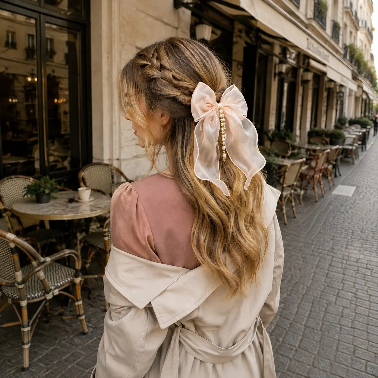 Romantic Coquette Organza Bow Hair Clip, Pearl Tassel, Double Layer Long Ribbon Barrette, Half-Up Hairstyle Accessory for Women