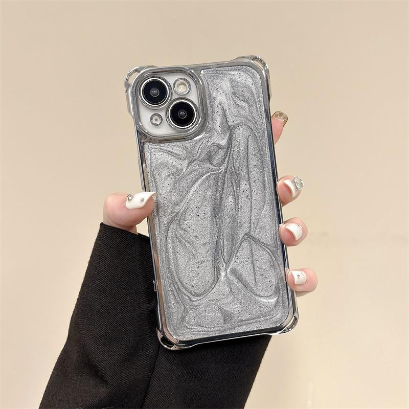 Silver Plated Four-Corner Shockproof Phone Case for iPhone 17 Pro Max 16 15 Pro Max 14 Plus 13 12, Minimalist Pearlescent White & Cement Gray Silicone Cover, Trendy Luxury for Women