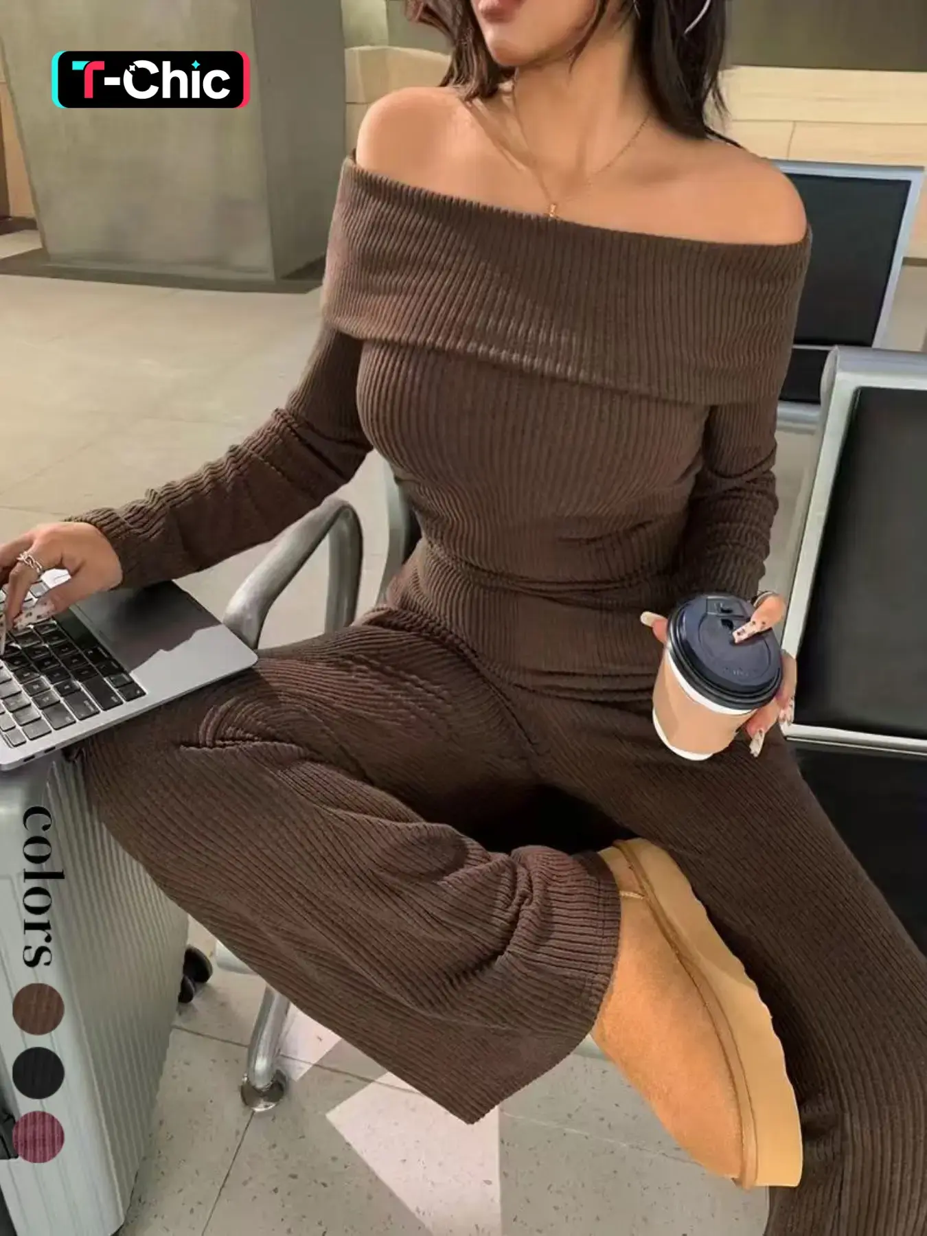 New European and American Style Fall Winter Solid Color Sexy Off-Shoulder Long Sleeve Top + Wide Leg Bell Bottom Pants Two-Piece Set