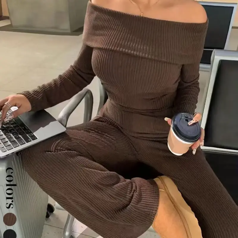 New European and American Style Two-Piece Set, Solid Color Sexy Off-Shoulder Long Sleeve Top and Wide Leg Bell Bottom Pants, Fall & Winter Outfit, Casual Everyday Set