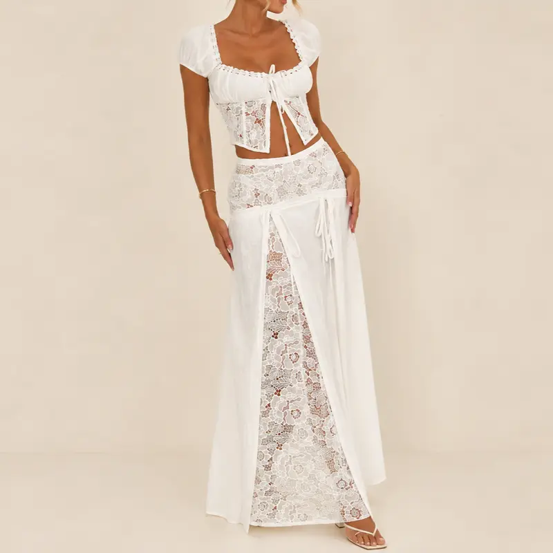 Women's 2-Piece Bridal Clothing Set - Viscose Cotton Rayon Comfortable Breathable Fabric, Cropped Front-Tie Puff Sleeve Milkmaid Crop Top, High-Waisted Lace-Panel Split Flat Maxi Skirt, Lightweight Beach Resort Wear