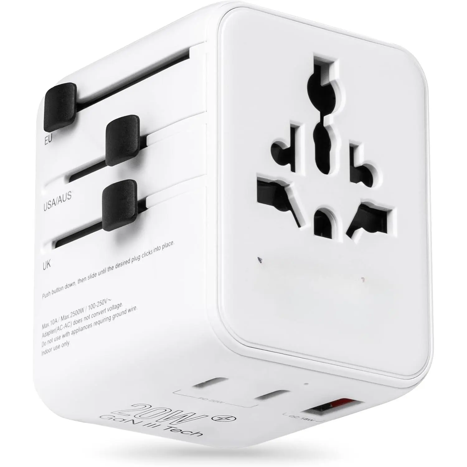Compact Multi-Plug International Travel Power Adapter for US, UK, Asia, AUS & 100+ Countries - 2 USB-C, 1 USB-A Ports for Travelers' Charging Needs