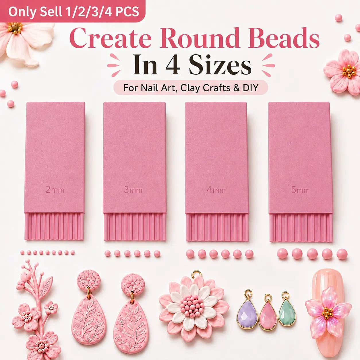 1/2/3/4 PCS 3D Print Clay Gel Ball Maker Tool, Nail Art Bead Roller for 3D Gel Flowers, Bead Roller for 2mm 3mm 4mm 5mm Round Beads, Sphere Shaper for Nail Art, Polymer Clay, Earrings, Jewelry Making and DIY Crafts
