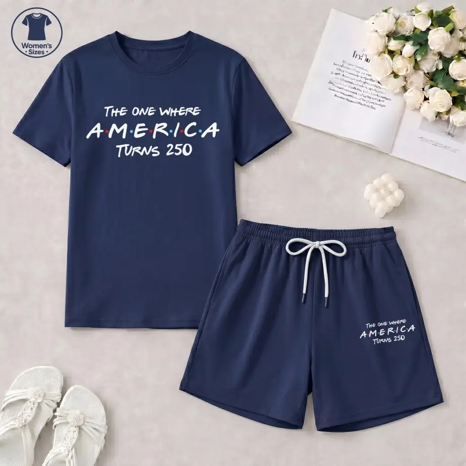 Women's The One Where America Turns 250 Graphic Short Sleeve T-Shirt And Shorts Set, Casual Summer Two-Piece Outfit With Crew Neck Top And Drawstring Waist Shorts For Daily Wear