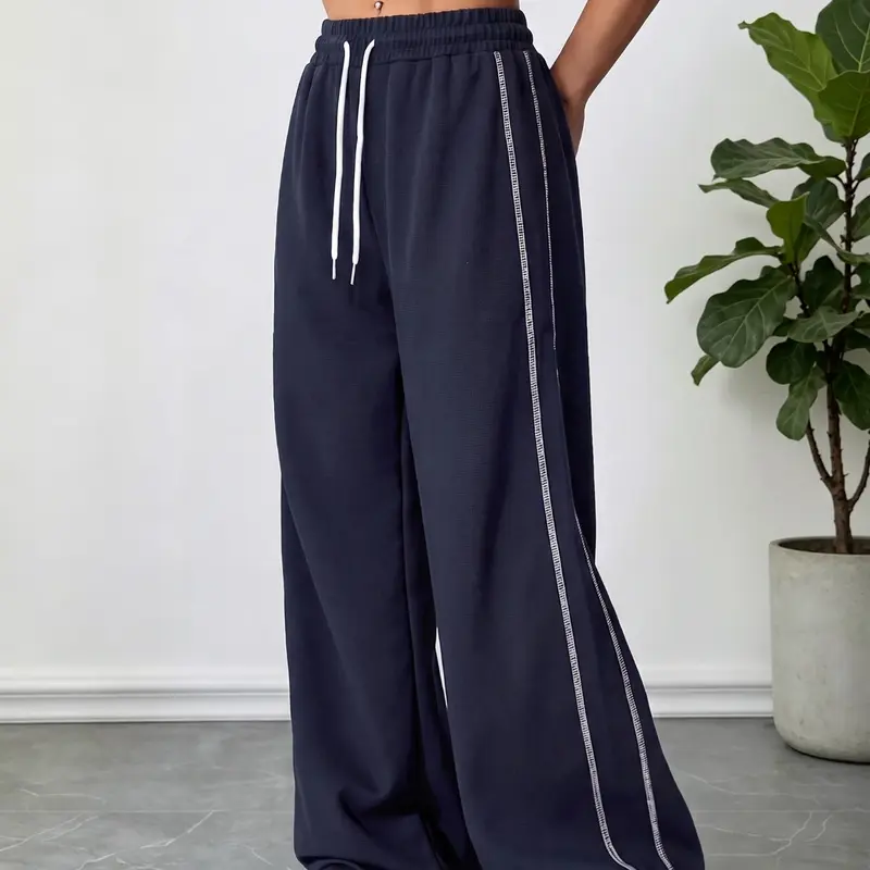 Women's Sporty Jogger Pants, Waffle Fabric, Colorblock Stripes, Loose Straight Leg, Casual Long Pants for Daily Commute, Outdoor Running, Gym Training, Athleisure Casual Bottoms
