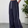 Women's Sporty Jogger Pants, Waffle Fabric, Colorblock Stripes, Loose Straight Leg, Casual Long Pants for Daily Commute, Outdoor Running, Gym Training, Athleisure Casual Bottoms
