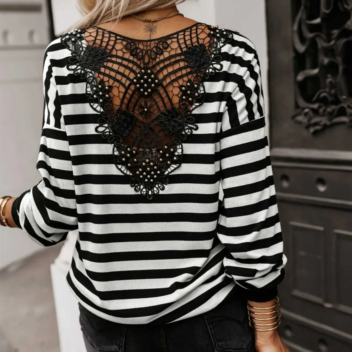 Black Stripe Crochet Hollow-out Back Buttoned Shoulder V Neck Top