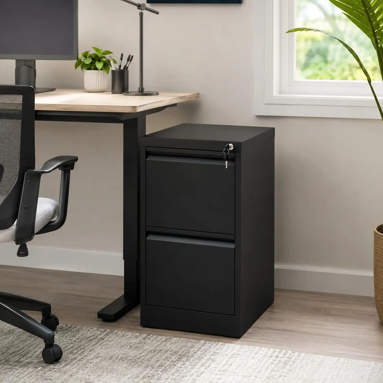 Sturdy Base Compact Lateral File Cabinet - Secure Steel 2-Drawer Unit with Key Lock, Full Extension Drawers, Fits Letter, Legal & A4 Files - For Office Use, Lateral Cabinet