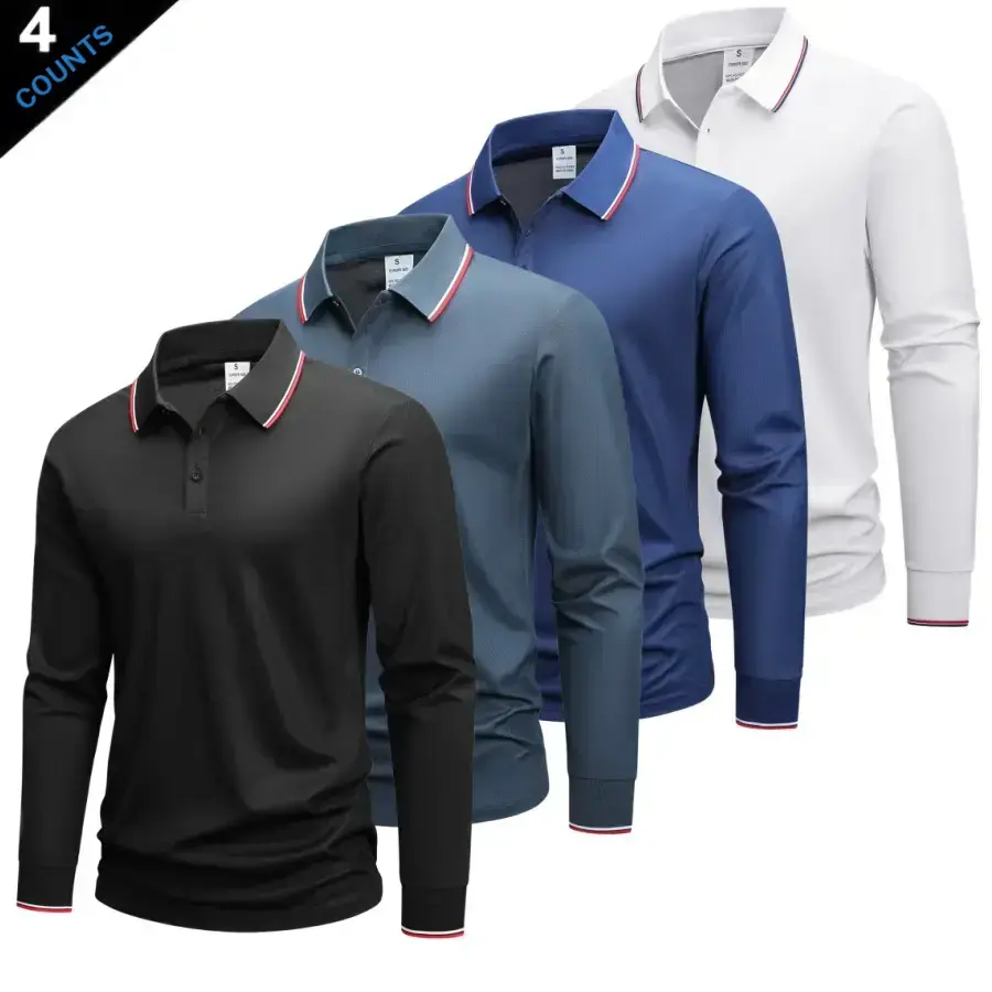 Four color contrast polo shirt for men featuring a turn down collar and long sleeves. Blending business casual style, it combines a classic turn down collar with red and white thin piping for refined details. Front button accents add a clean finish, while