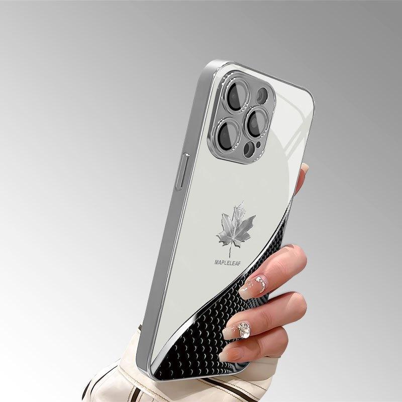 Tech-inspired curved silver maple leaf pattern electroplated high-definition glass phone case for iPhone 17 16 15 14 13 12 11 pro max, stylish protective case, luxurious glass case, suitable as a gift for friends and couples