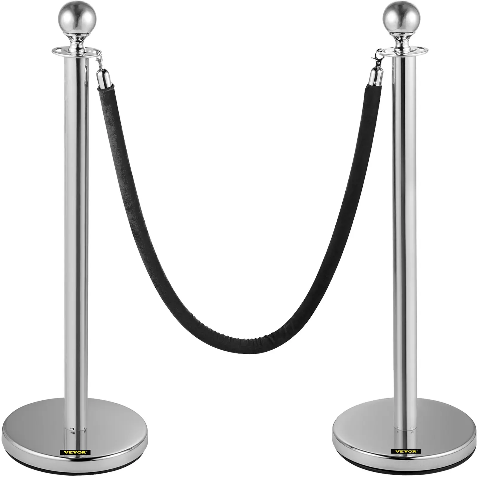 Crowd Control Stanchion, Set of 2 Pieces Stanchion, Stanchion Set with 5 ft/1.5 m Black Velvet Rope, Silver Crowd Control Barrier with Sturdy Concrete and Metal Base - Easy Connect Assembly