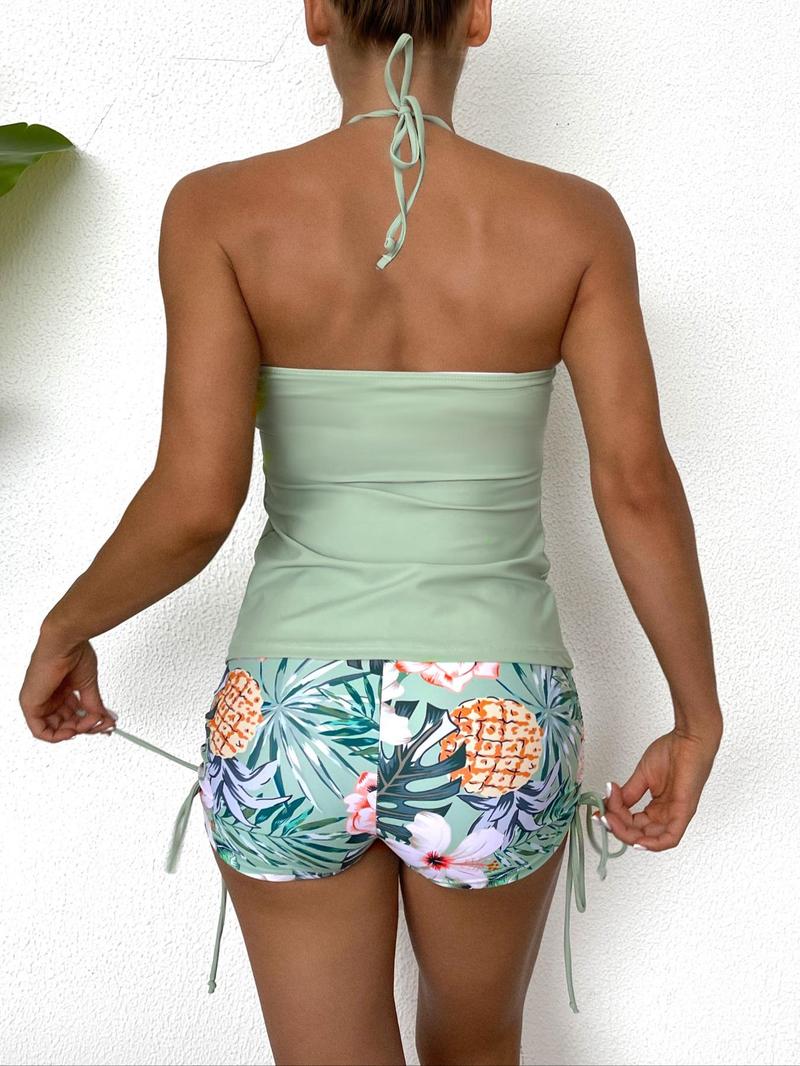 Two-Piece Set Women's Floral Print Tie Back Tankini Set, Casual Halter Top & Drawstring Side Shorts, Summer Swimwear for Beach Holiday Vacation, Floral Pattern Tankini