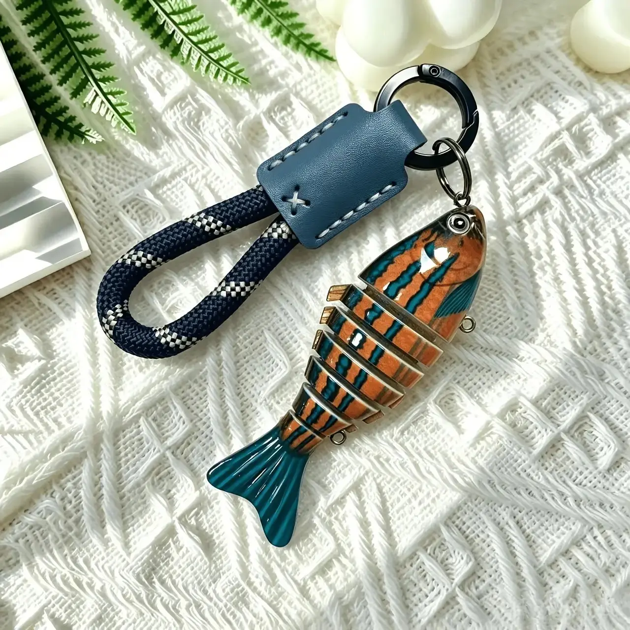 Viral Fish Keychain Charm for Men & Women, Handmade Wrapped Leather Nylon Rope Key Holder with Spring Ring, Coastal Aesthetic Bag Charm, Lightweight Ocean Lover Gift for Fishing, Surf, Sailing & Beach Days