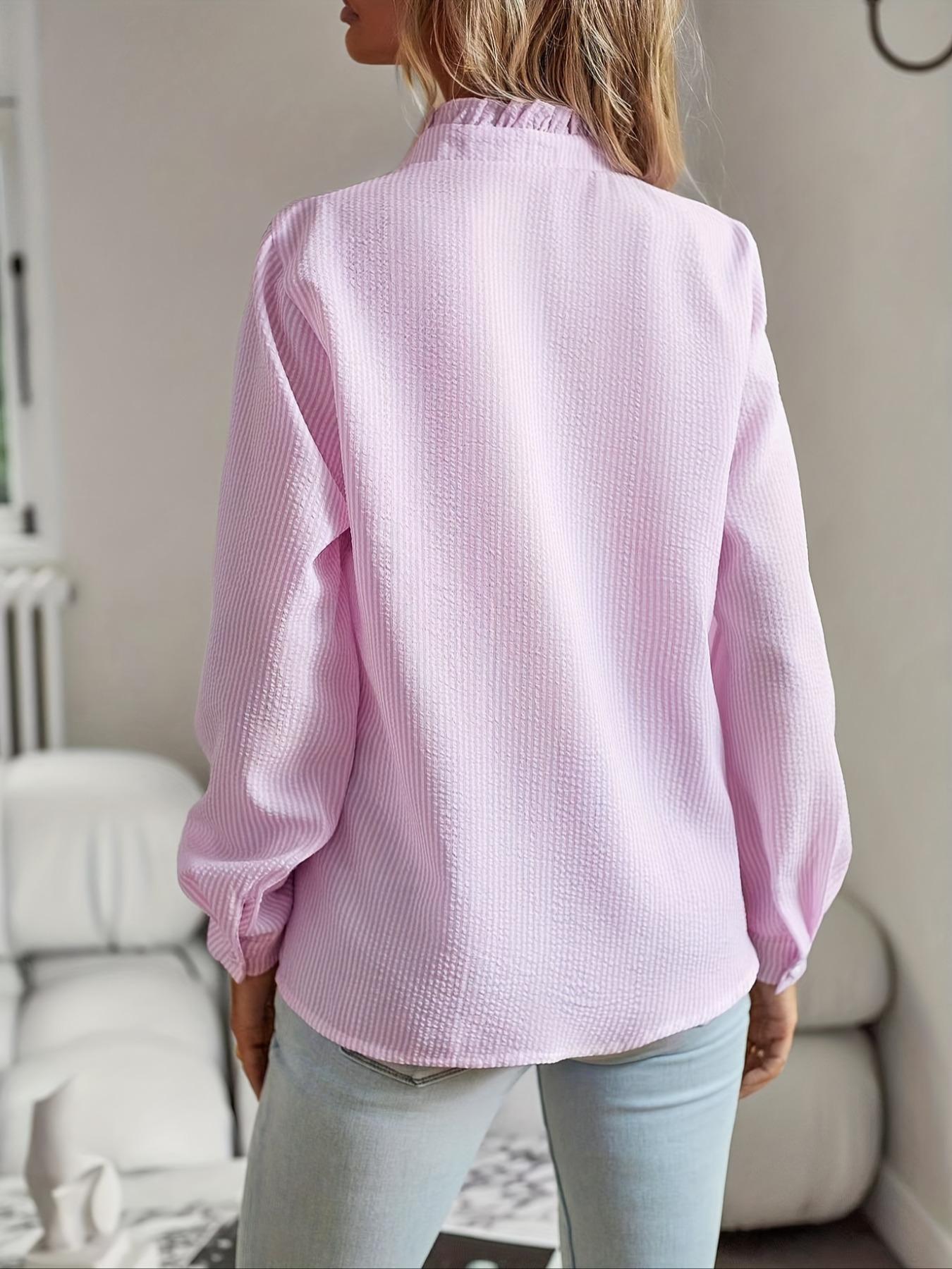Women's Plain Ruffle Trim Button Front Fitted Woven Shirts, Blouse, Elegant Casual Bishop Sleeve Long Sleeve Frill Trim Top for Daily Wear, Ladies Clothes for All Seasons, Womenswear