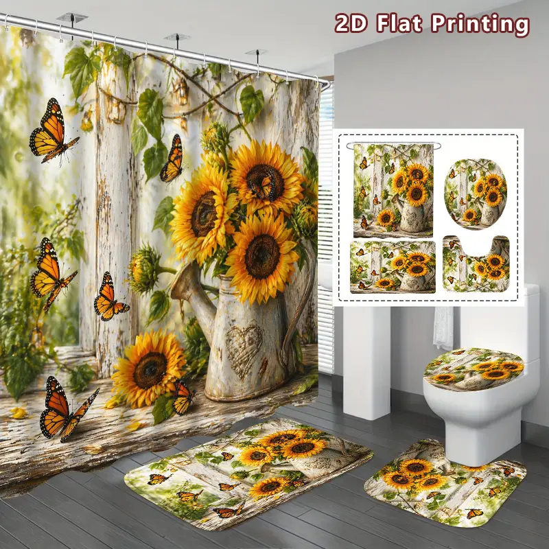 4-Piece Sunflower and Butterfly Shower Curtain Set, Warm Golden Sunflower with Orange Elephant Butterfly Bathroom Decor, Addition U-Shape, Toilet Cover, Shower Curtain with Hooks, Country Farmhouse Decor