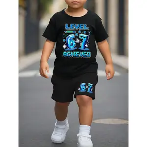 Summer Boys' Fashion Shorts and Short-Sleeve Set, LEVEL ACHIEVED, Blue with Cartoon Number Six and Seven Print, Cute Children's Short-Sleeve T-Shirt and Shorts Casual Set, Perfect for Outdoor