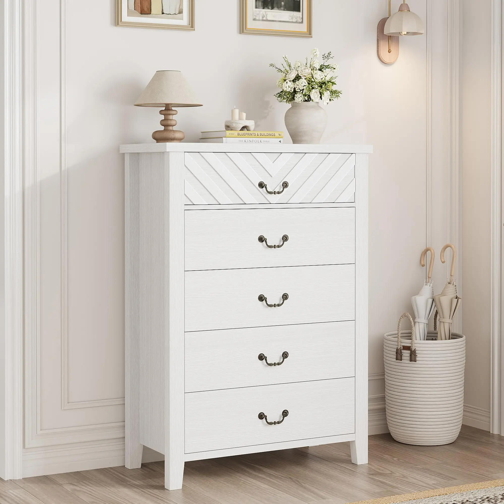 Modern V-Design 5-Drawer Entryway Storage Cabinet - Minimalist Modern Multi-Drawer Small Space Vertical Organizer with Handles Hallway Furniture, Engineered Wood Dresser with Cute Smile Face Metal Pulls, Farmhouse Chest for Bedroom Nursery, Minimalist Mod