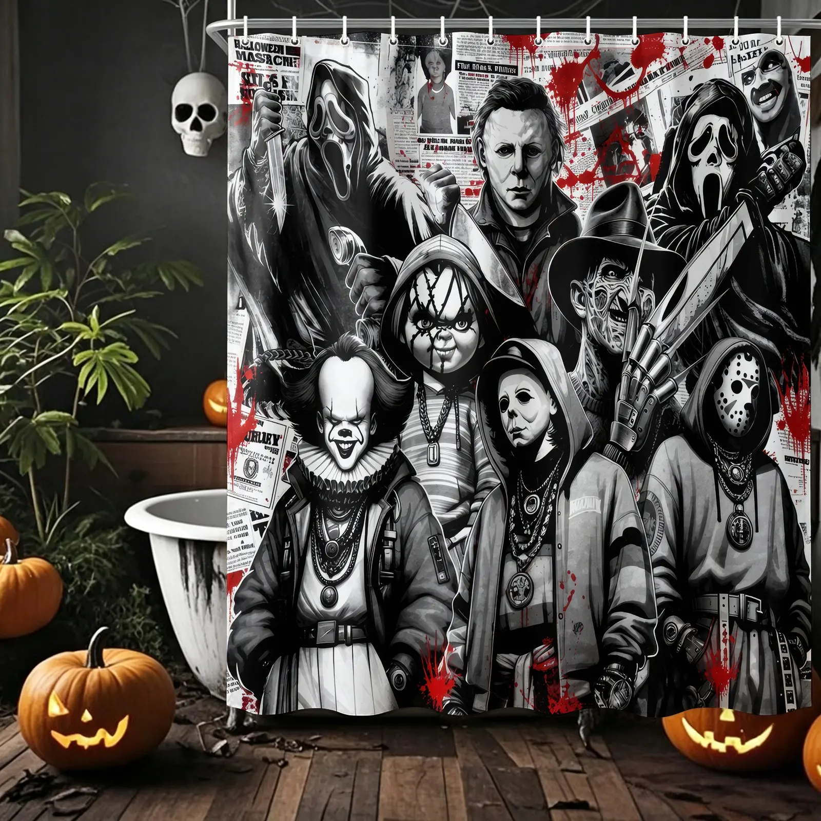 Halloween Horror Villains Shower Curtain, Spooky Gothic Classic Slasher Characters Blood Splash Newspaper Dark Horror Scary Goth Creepy Holiday Fabric Bath Curtain with Hooks Halloween Party Gifts