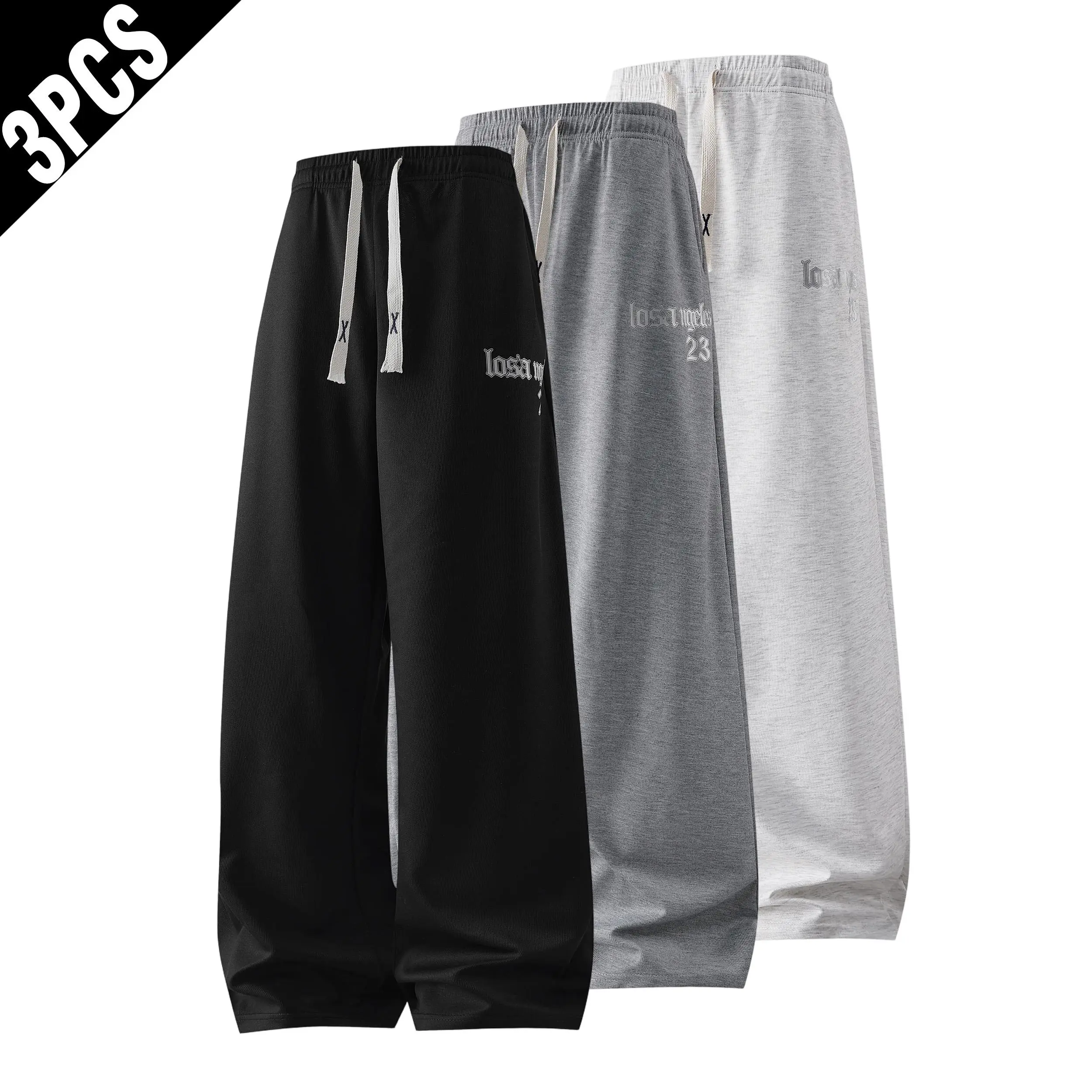 Men’s 3-Pack Letter Graphic Print Oversized Wide-Leg Baggy Sweatpants - Activewear with Extra Long Drawstring Elastic Waist, Lightweight Comfy Hip Hop Streetwear, All Seasons Sporty Chic Pants