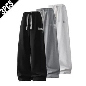 Men’s 3-Pack Letter Graphic Print Oversized Wide-Leg Sweatpants - Menswear, Extra Long Drawstring Elastic Waist, Hip Hop Streetwear Casual Trousers