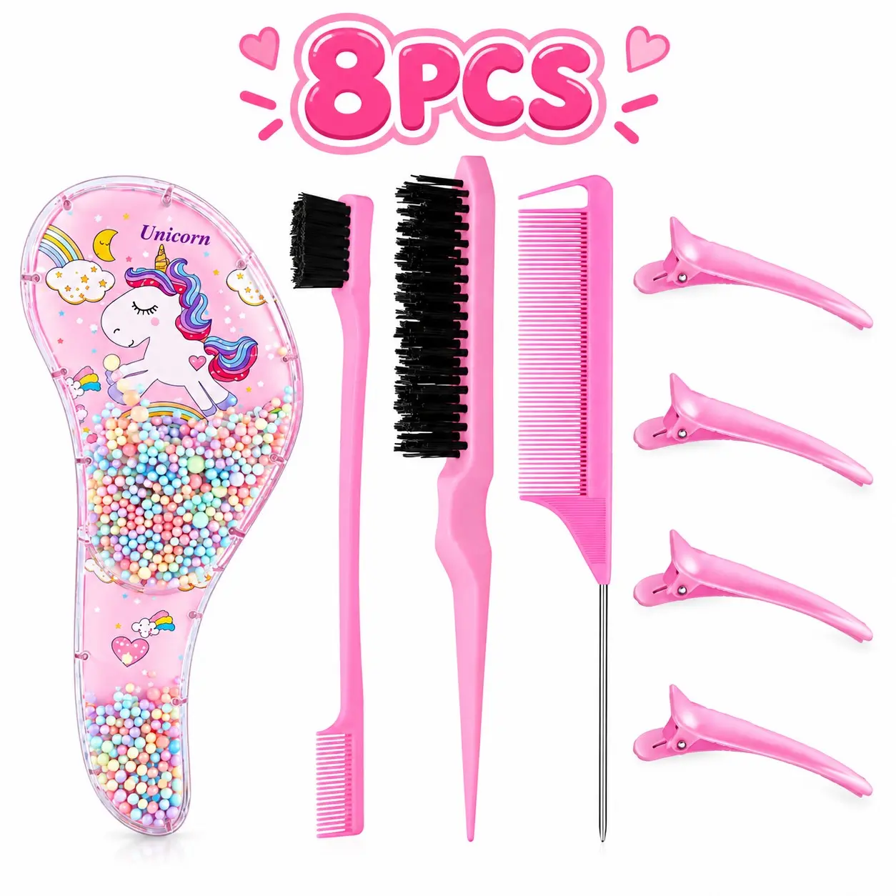 8-Piece Hair Styling Tool Set, Haircare, Includes Unicorn Bead Comb, Side Brush, Styling Brush, Tail Comb, 4 Section Clips, Ideal for Daily Use