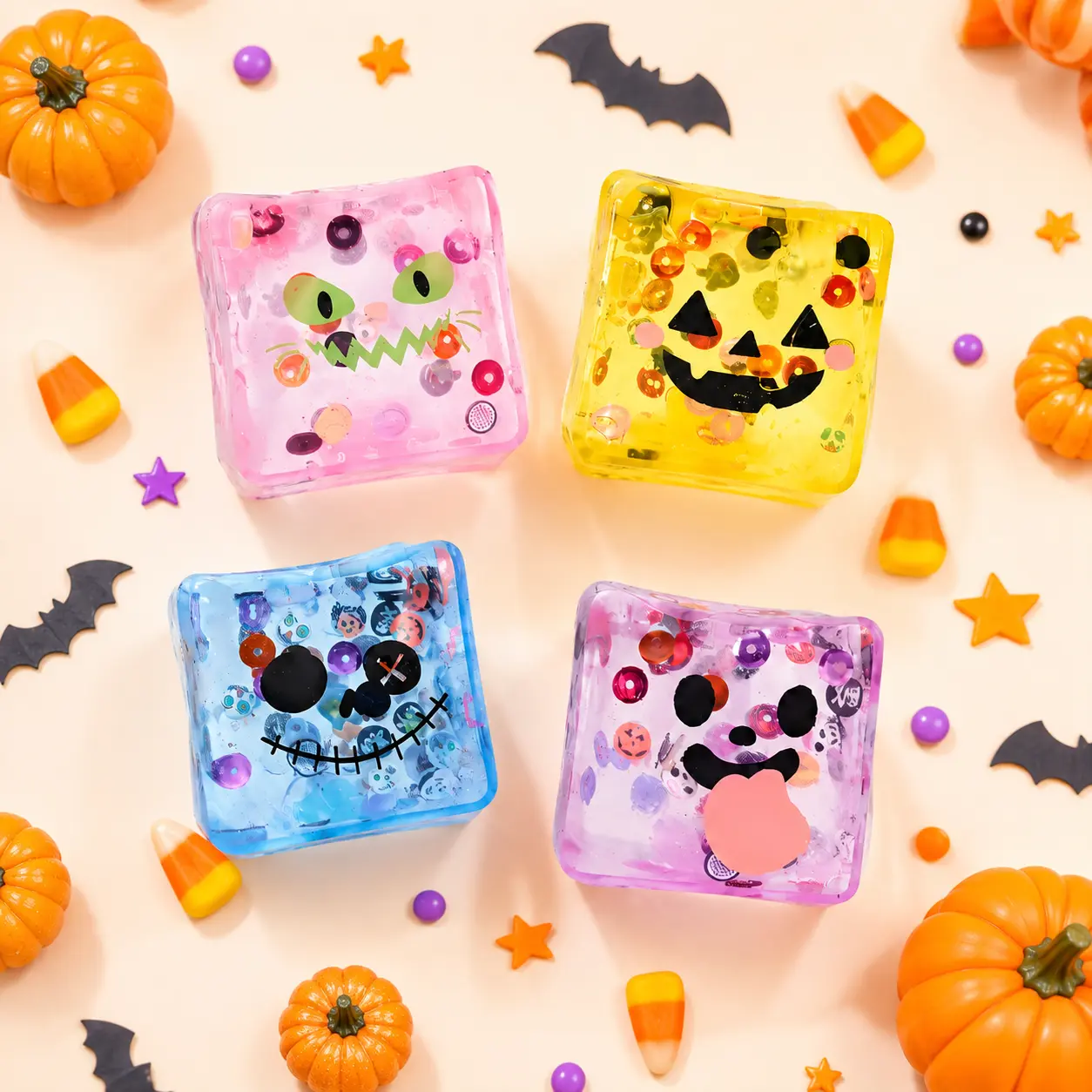 Halloween Glitter Maltose Squishy Cube Toys, Clear Gel Soft Slow Rebound Squeeze Fidget, Cute Ghost Pumpkin Spooky Face Sensory Relief Toy, Halloween Party Favors Trick or Treat Goodie Bag Stuffers for Kids，2.17in