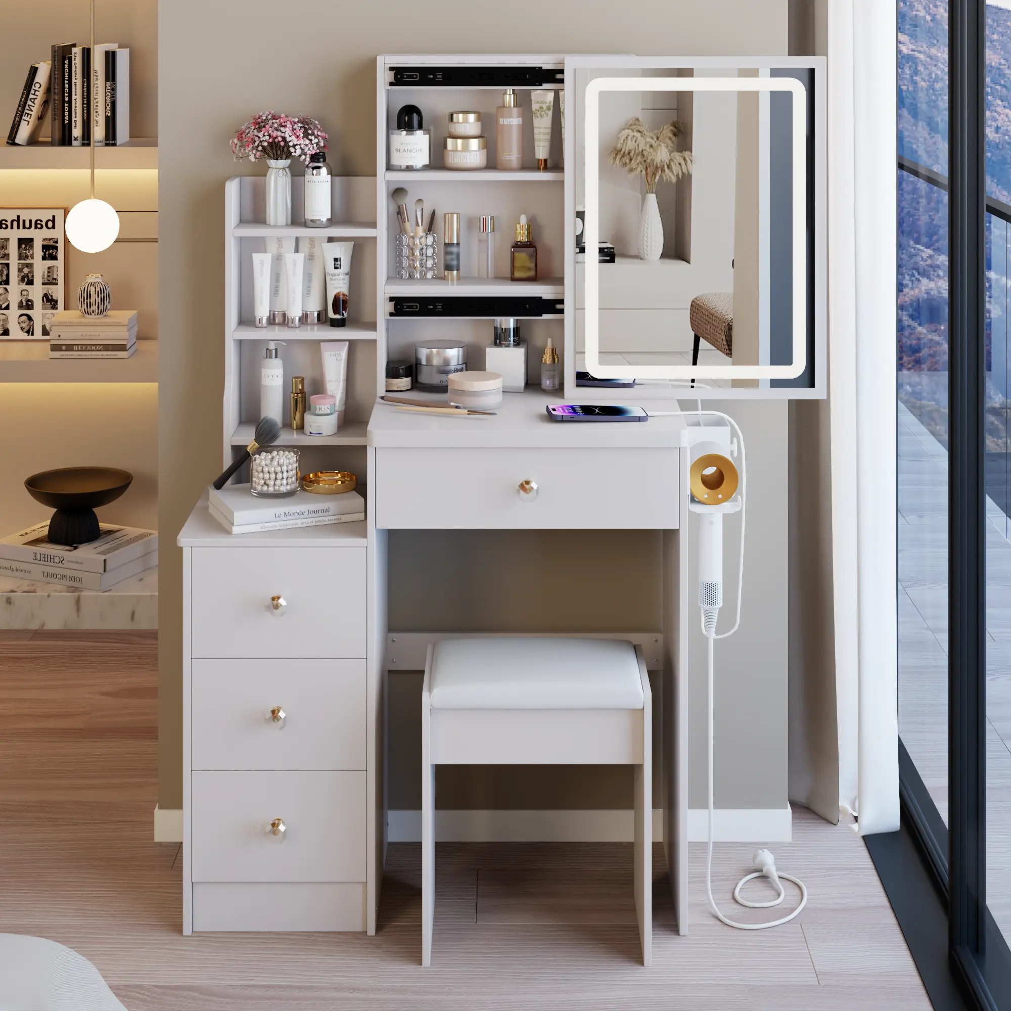 ARCH Small Space White MDF Dressing Table with Cushioned Stool, Touch Control Sliding LED Mirror, 3 Color Modes, Dimmable, 2 AC Outlets, 1 USB & 1 Type-C Port, Hair Dryer Holder, for Bedroom, 29.2"L x 12.6"W x 50.4"H