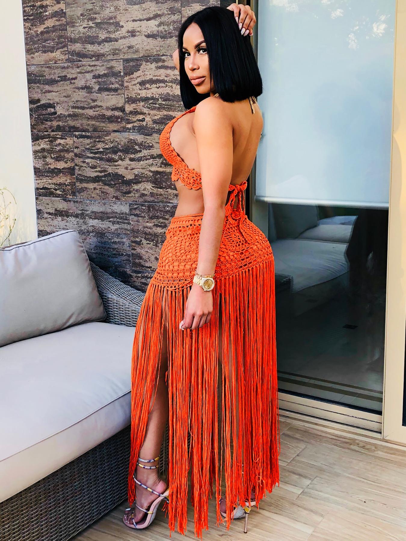 Two-piece Set Women's Halter Neck Crop Top & Fringe Trim Skirt, Casual Fashion Cozy Minimalist Knitwear Set for Daily Outdoor Wear, Ladies Clothes for All Seasons, Casual Matching Set, Suits, Cute Summer Outfit, Womenswear