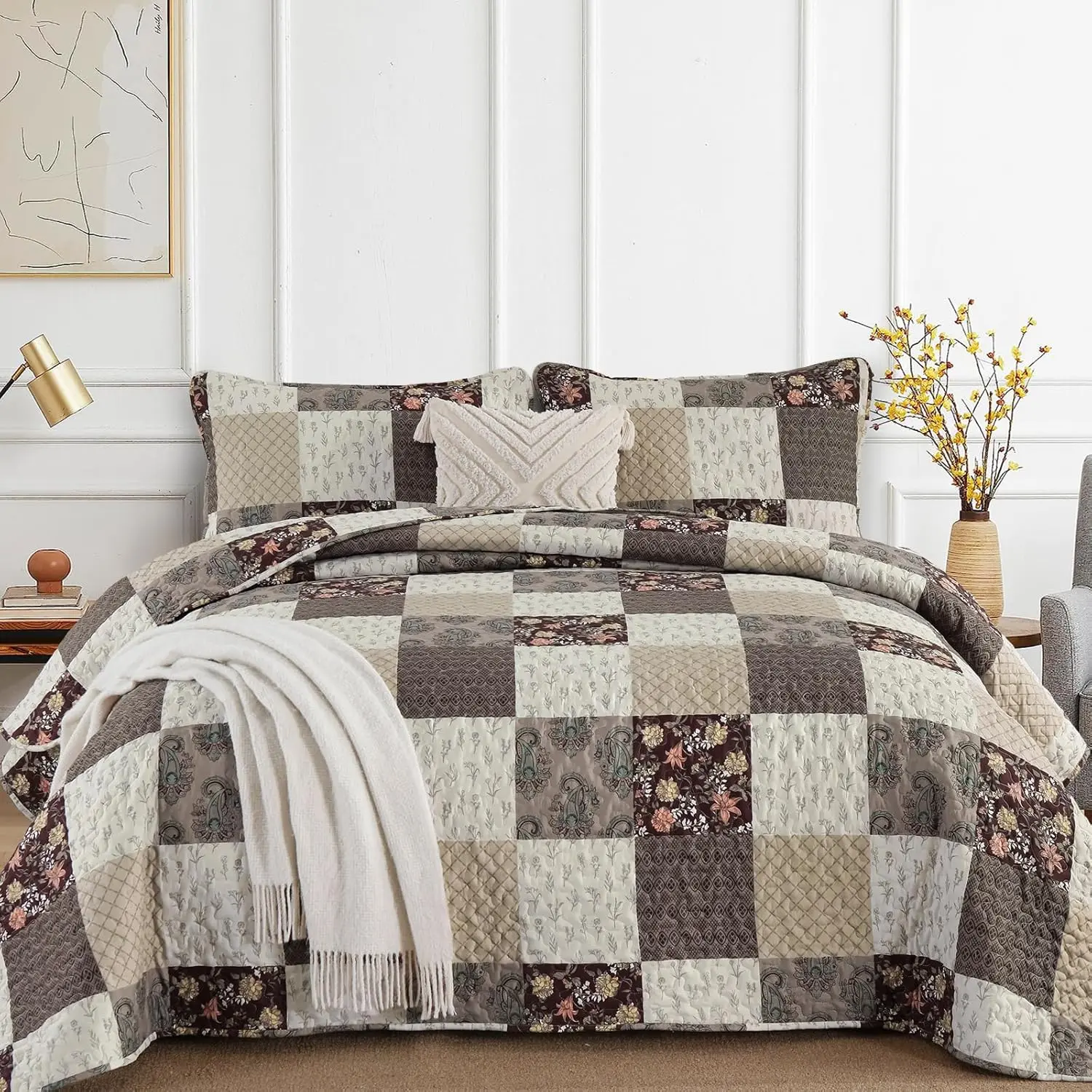 Floral Patchwork Fall Set Queen Size 3 Pieces Taupe Beige Khaki Bedspread Set Reversible Bedding Set Microfiber Bedding Bedspread Coverlet Set for All Season(Queen 96"x90")