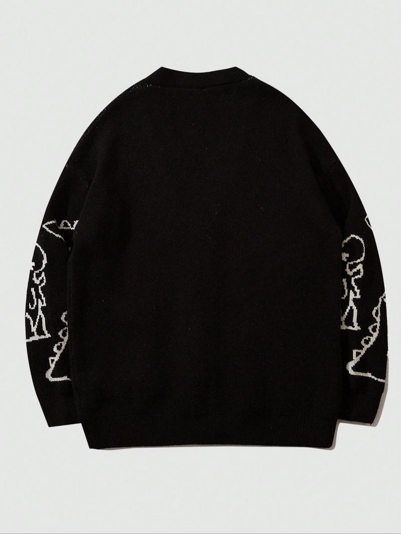 Men's Cartoon Dinosaur Print Pocket Button Front Cardigan, Loose Casual Drop Shoulder Long Sleeve V Neck Knitwear for Spring & Fall, Fashion Men's Knit Clothing for Daily Wear, Cartoon Print Sweater