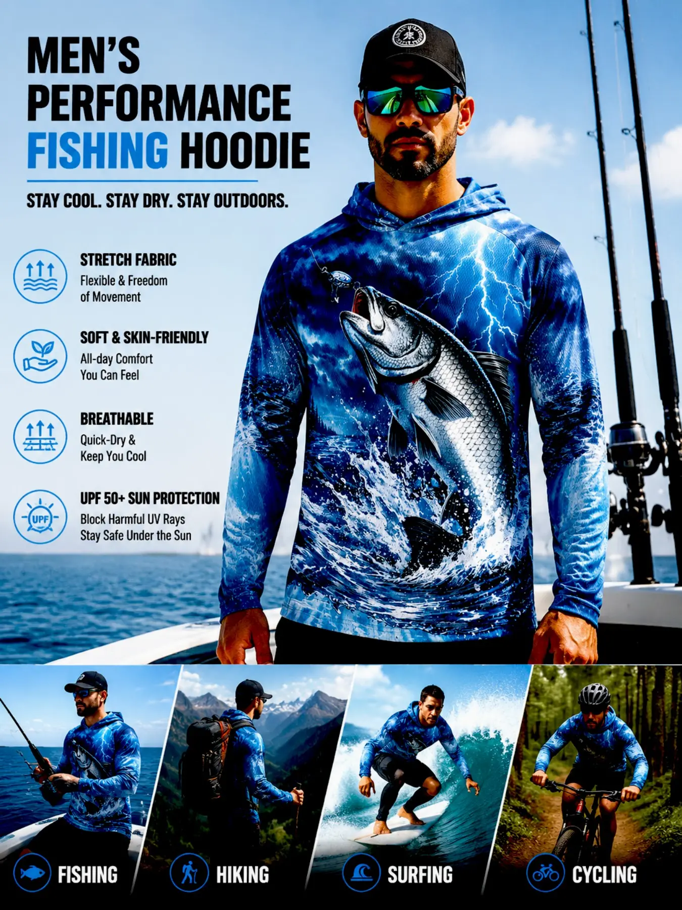 Men UPF50+ Sun Protection Hooded Fishing Shirt Big Salmon Fish Lightning Ocean Wave Full Print Quick Dry Breathable Mesh Long Sleeve Outdoor Sports Tops For Fishing Hiking Surfing Cycling
