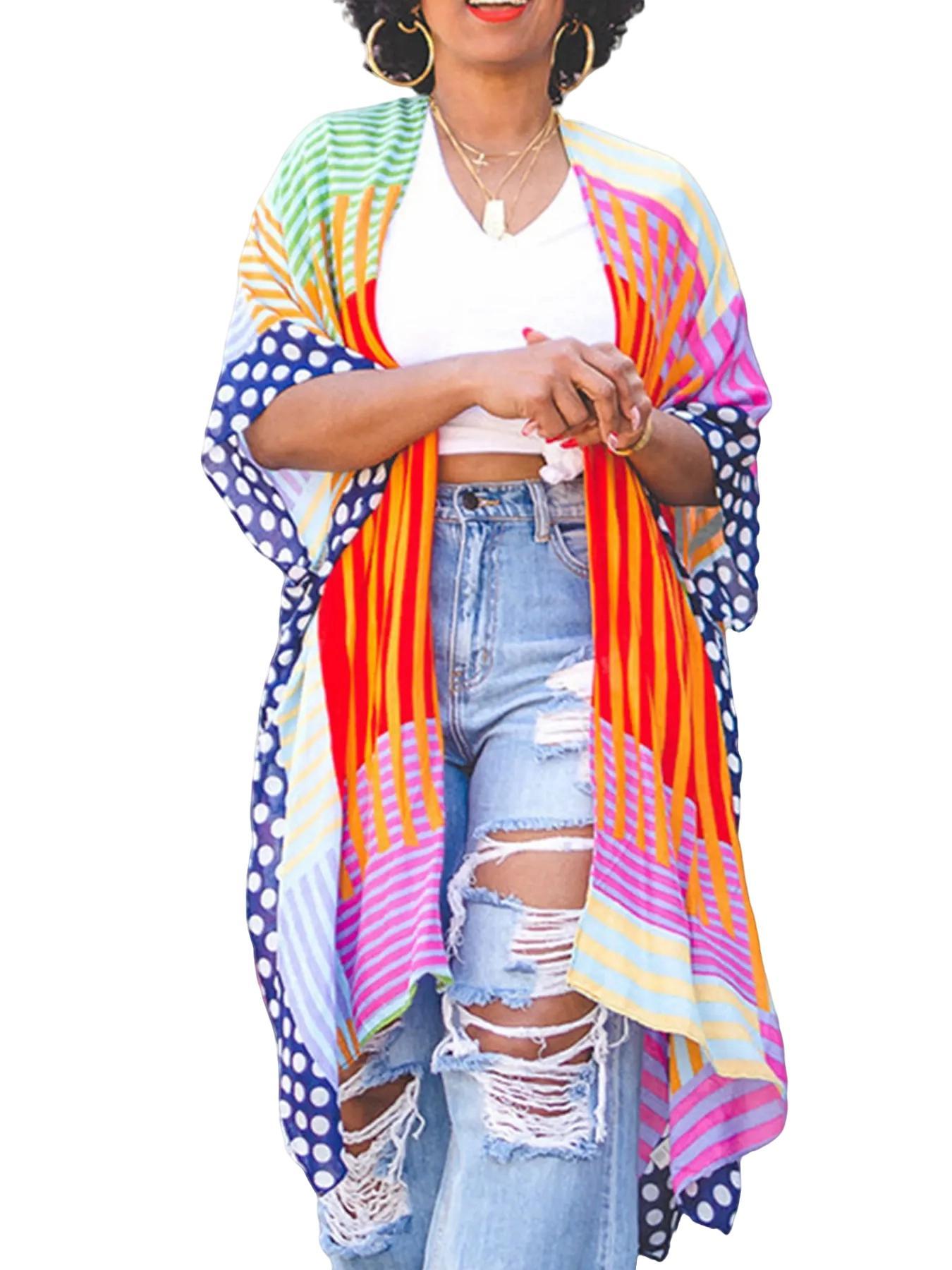 Women's All Over Striped Print Split Hem Batwing Sleeve Kimono, Loose Casual Half Sleeve Open Front Outerwear for Daily Wear, Coats for Women, Ladies Clothes for All Seasons, Baggy Womenswear