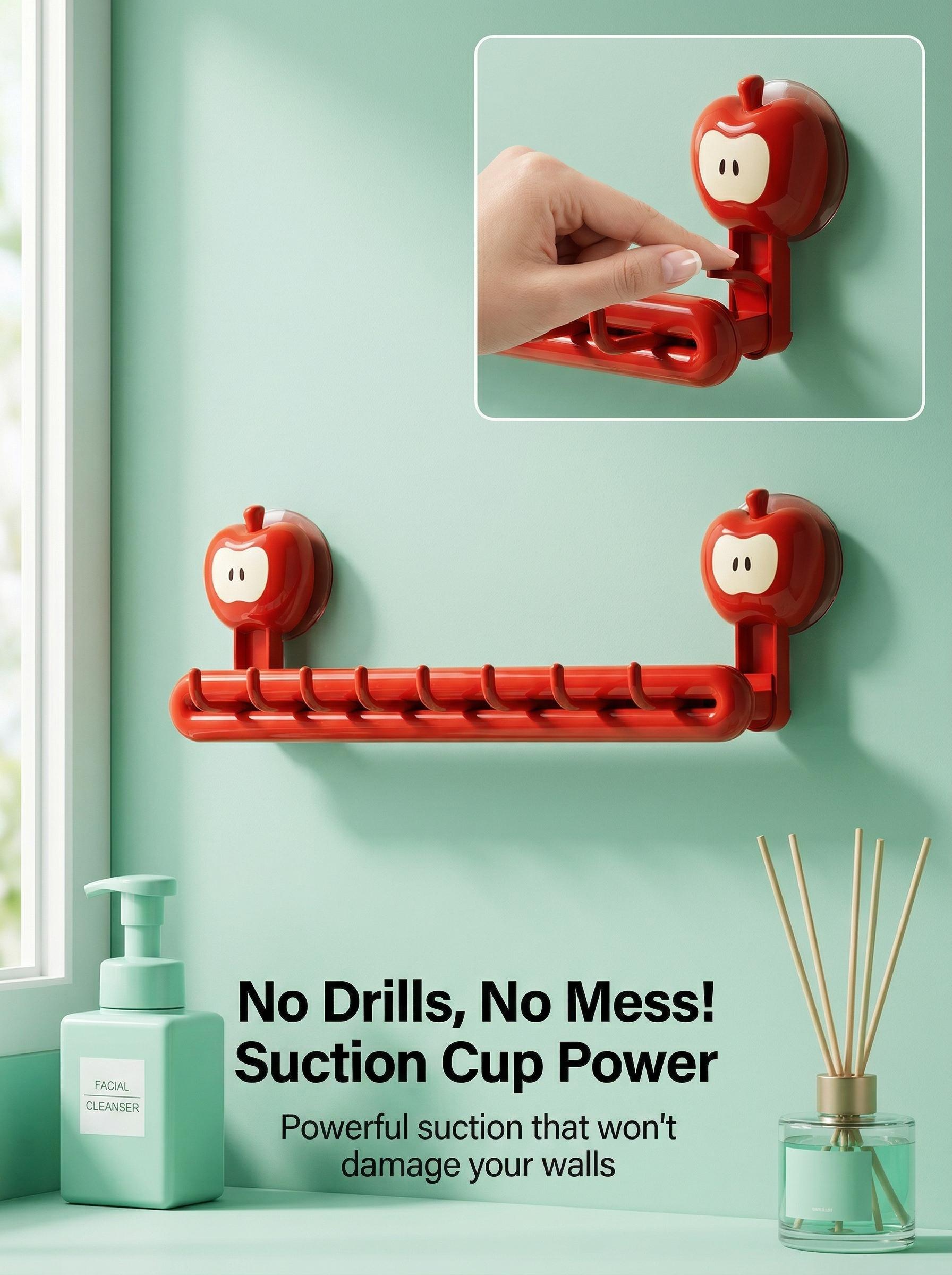 Cute Apple Wall Hook Rack| No-Drill Adhesive Bathroom Organizer| Dopamine Home Decor for Towels & Brushes