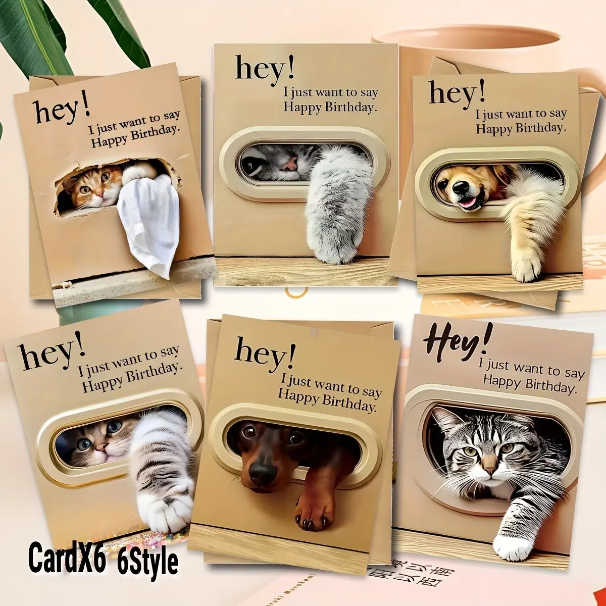 6 Pcs Adorable Cat Birthday Cards, Animal Theme Greeting Cards with 6 pcs Envelopes, Universal for All Ages, Heartfelt Gifts for Friends and Family