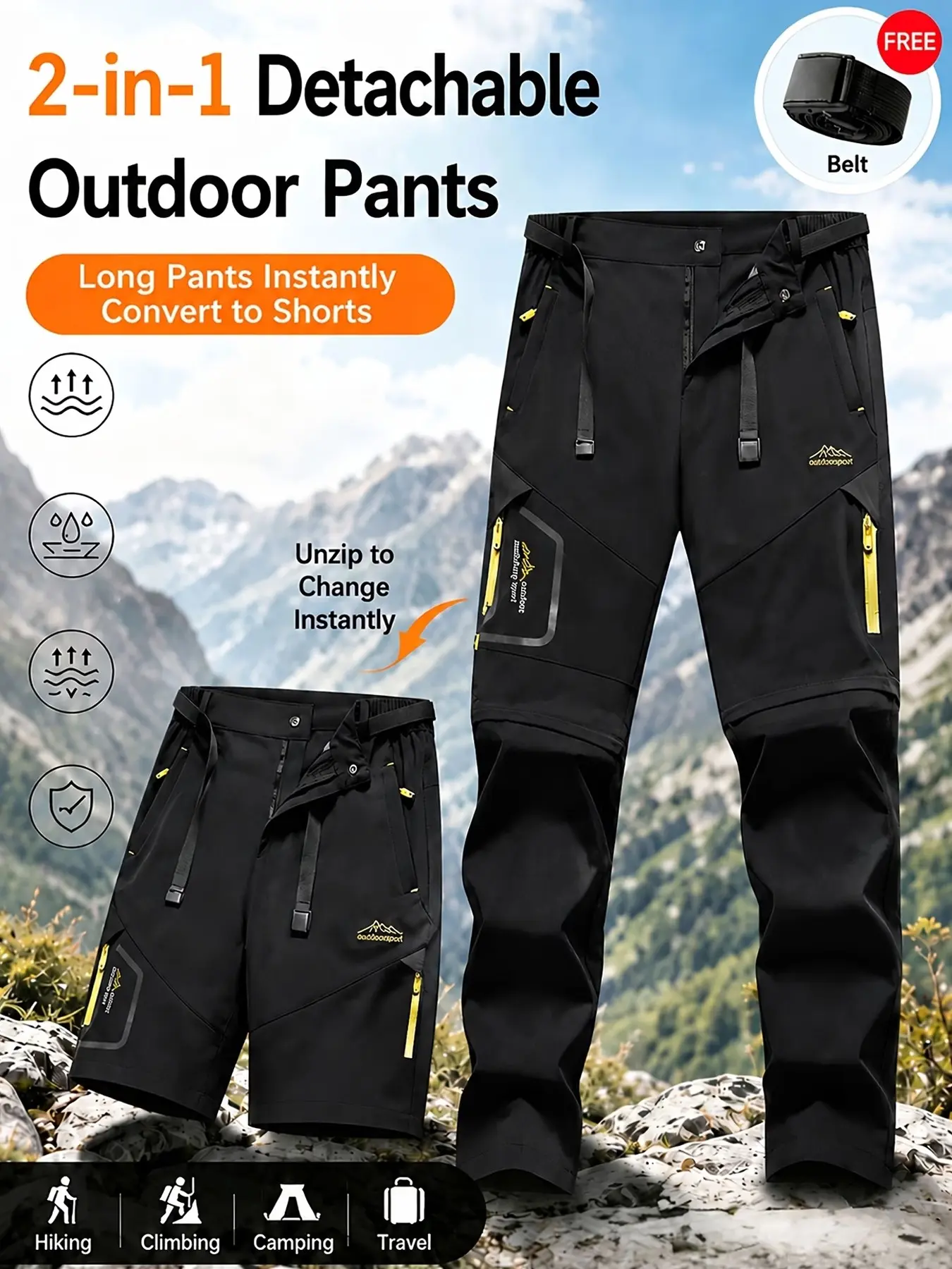 Men's 2-In-1 Detachable Outdoor Pants, Multi-Pocket Hiking Trekking Cargo Pants, Convertible Long to Short, Free Belt, Ideal for Camping & Daily Wear