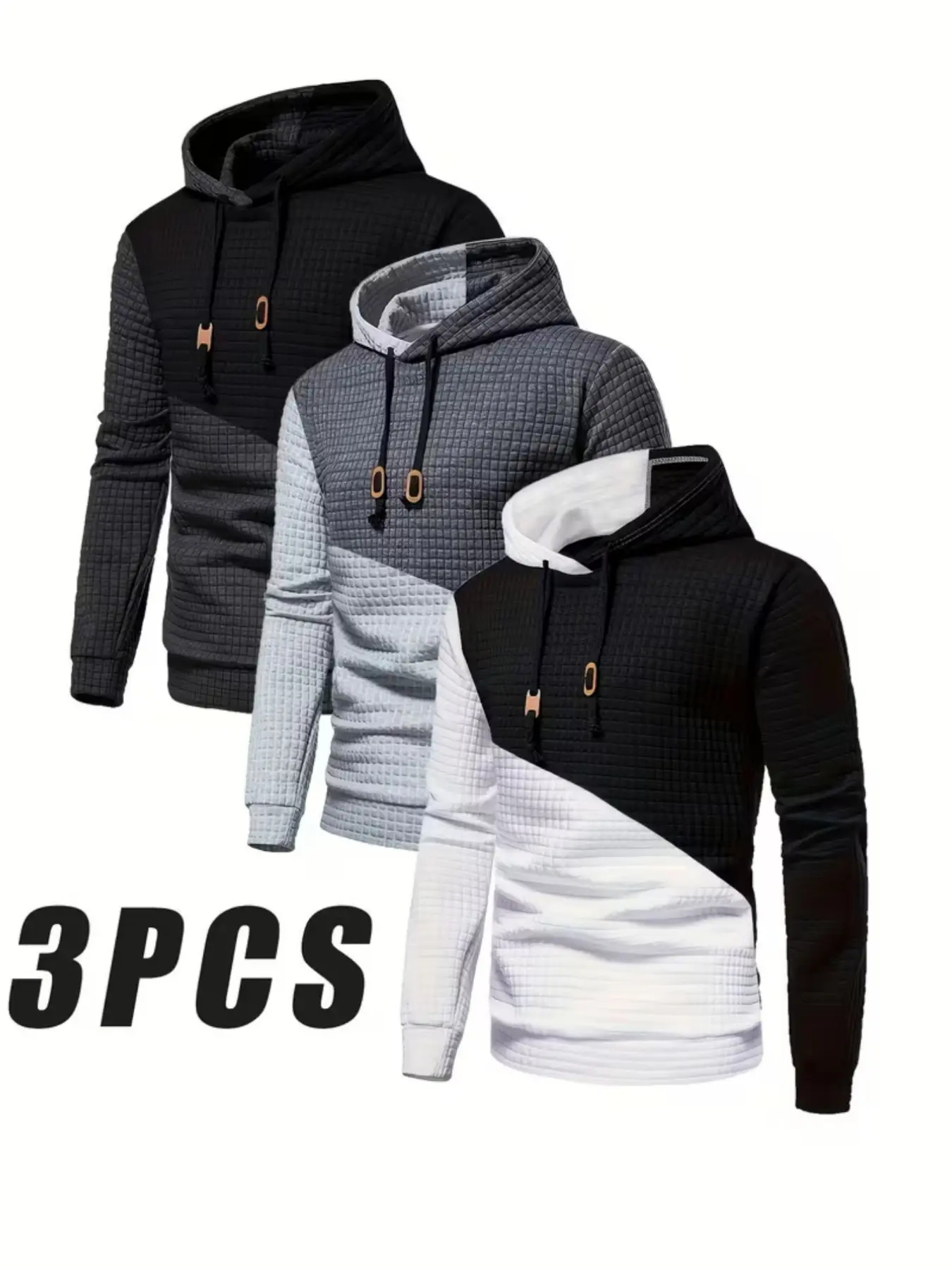 3Pcs Men's Hoodie Sweatshirt, American Minimalist Style, Waffle Texture Color Block Hooded Sweatshirt, Loose Casual Long Sleeve Pullover for Fall Outfits & Winter, Soft Lightweight Fabric, Suitable For Streetwear, Commute, Outdoor & Daily Home Wear