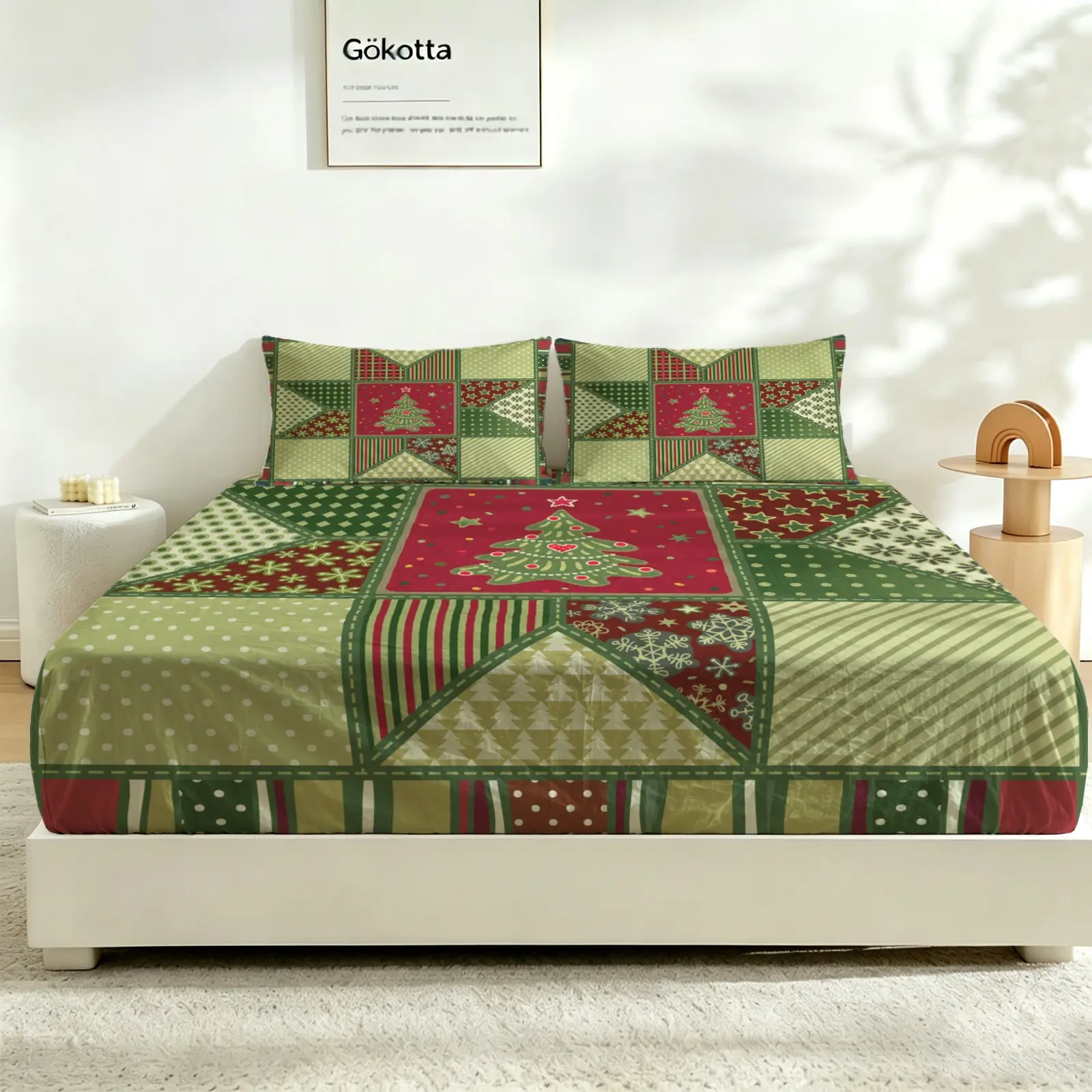 3Pcs Christmas Patchwork Gingerbread House Santa Print Fitted Sheet Set, Stylish Bed Sheet Set, Soft No Fillers Bedding Set For Family Bedroom, Dorm & Holiday Room Decor, Crisp Clear Digital Printing, Creates Warm Cozy Christmas Home Atmosphere