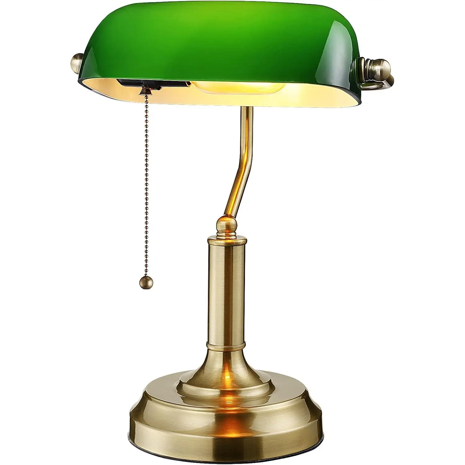 Green Glass Bankers Desk Lamp, Antique Desk Lamps with Brass Finish Base, Traditional Library Lamp with Pull Chain, E26 Base, Vintage Desk Lamp for Office, Study Room