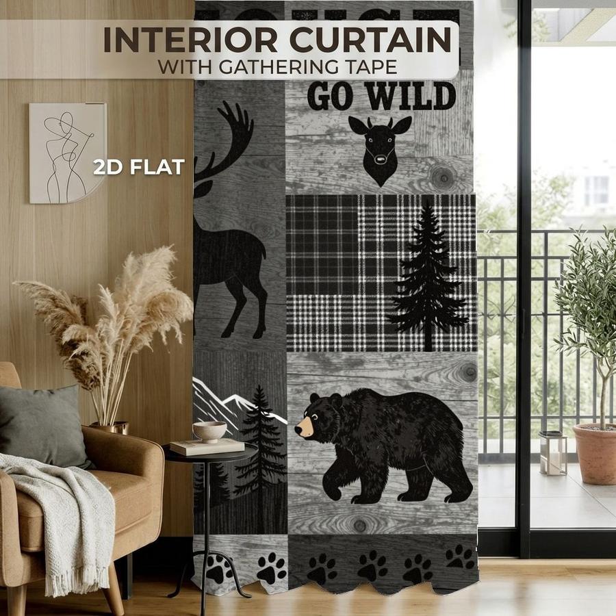 2Pcs Rustic Woodland Animal Deer Bear Plaid Patchwork Sun Blocking Curtains Digital Printed Rod Pocket, Window Treatment For Bedroom Office Kitchen Living Room Study Home Decor