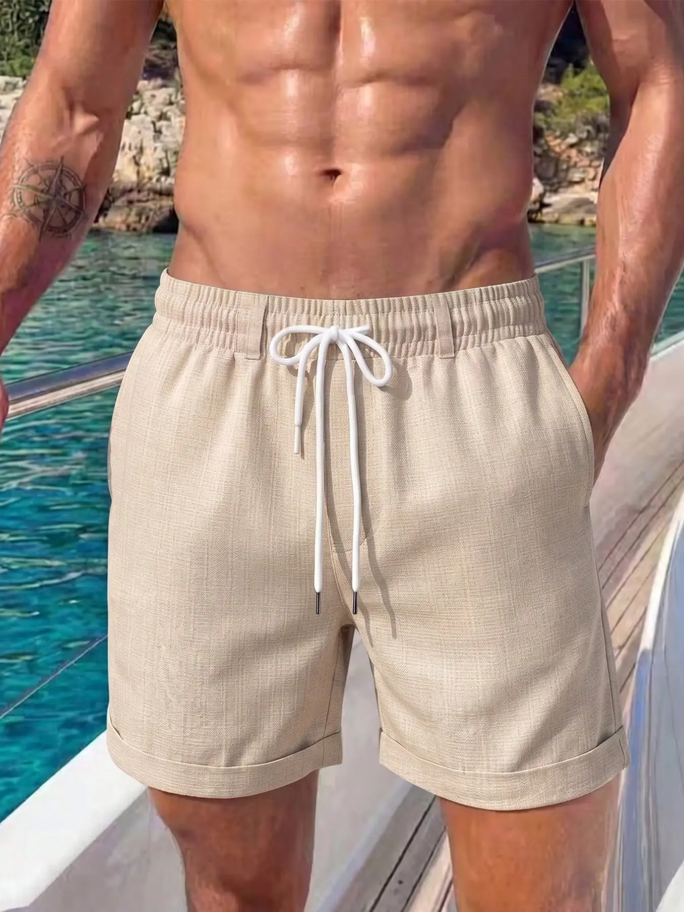 Men's Linen Drawstring Shorts, Loose-Fit High-Waist Beach Pants, Side Pockets, Summer Vacation Style, Casual Daily Wear
