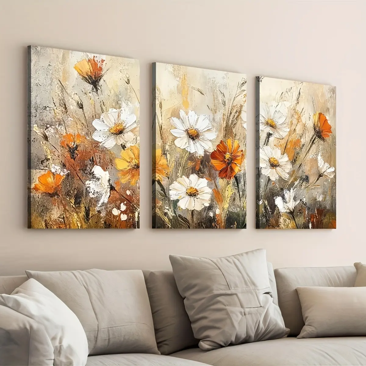 Framed 2D Flat Canvas Artwork - 3-Piece Artistic Wood Hanging Set, Vintage Abstract Plant & Floral Art, Home Wall Decor for Living Room, Bedroom, Abstract Print