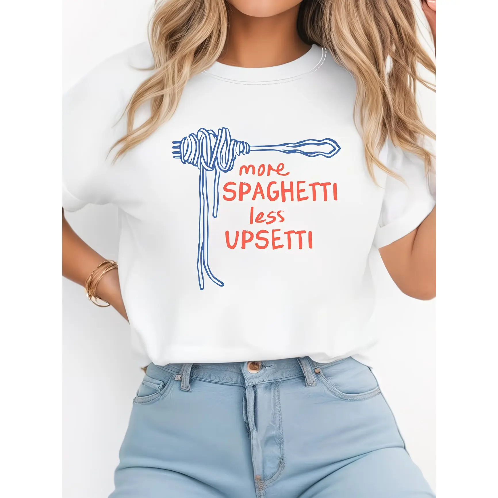 More Spaghetti Less Upsetti Spaghetti Fork Noodle Graphic Comfort Cotton Oversized Cute Fashion Outfit Tee, Food Lover Pun Gift For Him Her, Best Valentine's Day Present For Italian Food Friends Family Casual Shirt