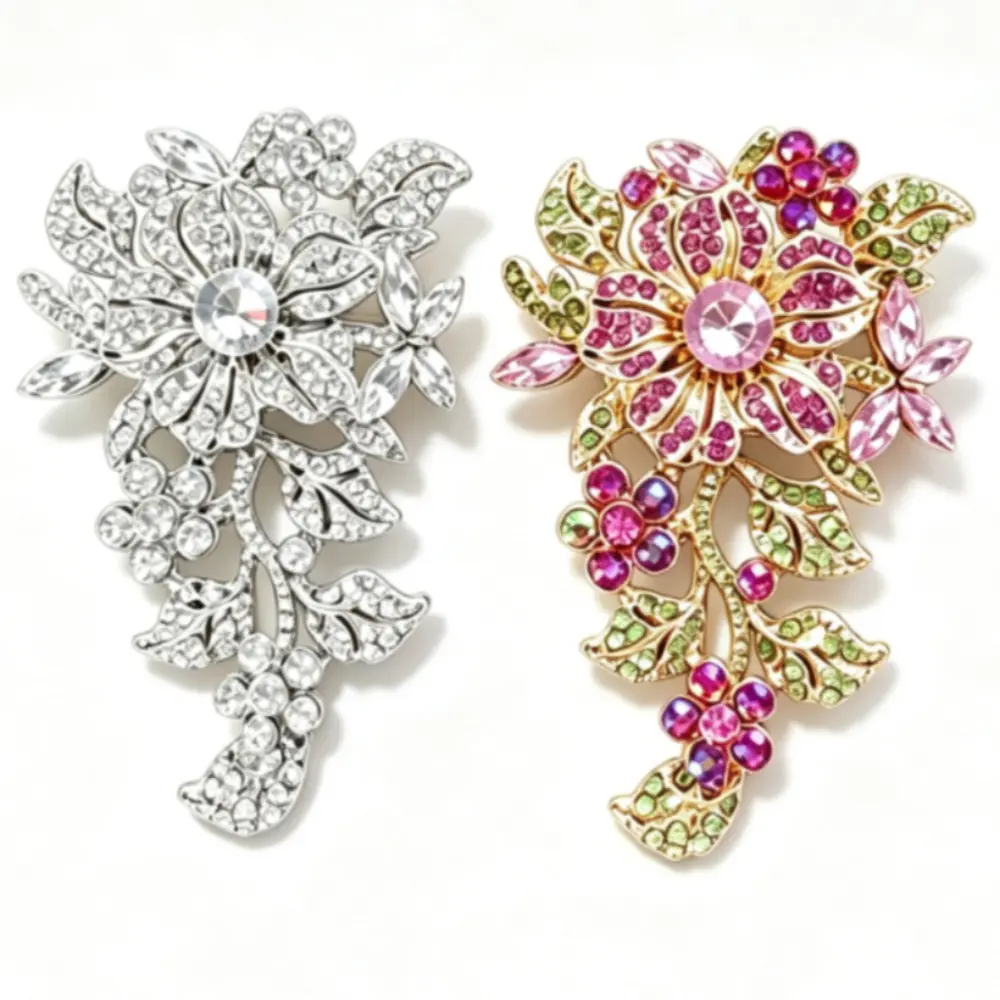 2 Styles Oversized Cascading Floral Rhinestone Brooch Set Silver All Clear Crystal Gold Pink Green Gem Unisex Formal Lapel Pin Gift