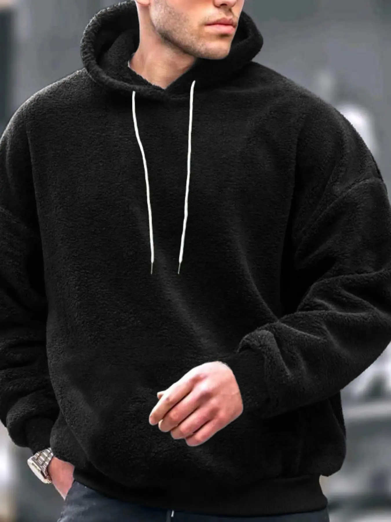 Men's Winter Hooded Sweatshirt, Soft Fuzzy Coral Velvet, High Density Warmth, Drawstring Loose Fit, Casual Home & Streetwear