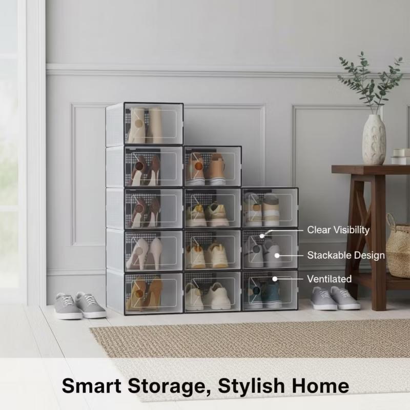 Stackable Shoe Storage Boxes with Lids, Modular Large Shoe Rack & Organizer Shelf, Transparent Front Panel for Easy Display & Identification, Breathable Hole Design to Keep Shoes Fresh, Sturdy Interlocking Structure for Customizable Storage