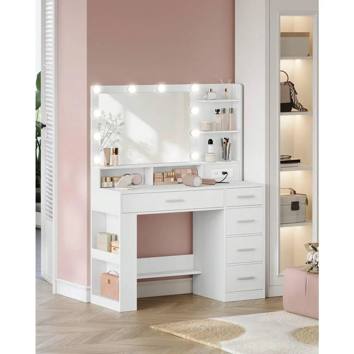HaluPeit Vanity Desk with Large HD Mirror, LED Lighted Makeup Dressing Table with Built‑in Power Strip, 6‑Tier Storage Shelves, 5 Drawers & Side Open Storage, Modern Simple Style, White
