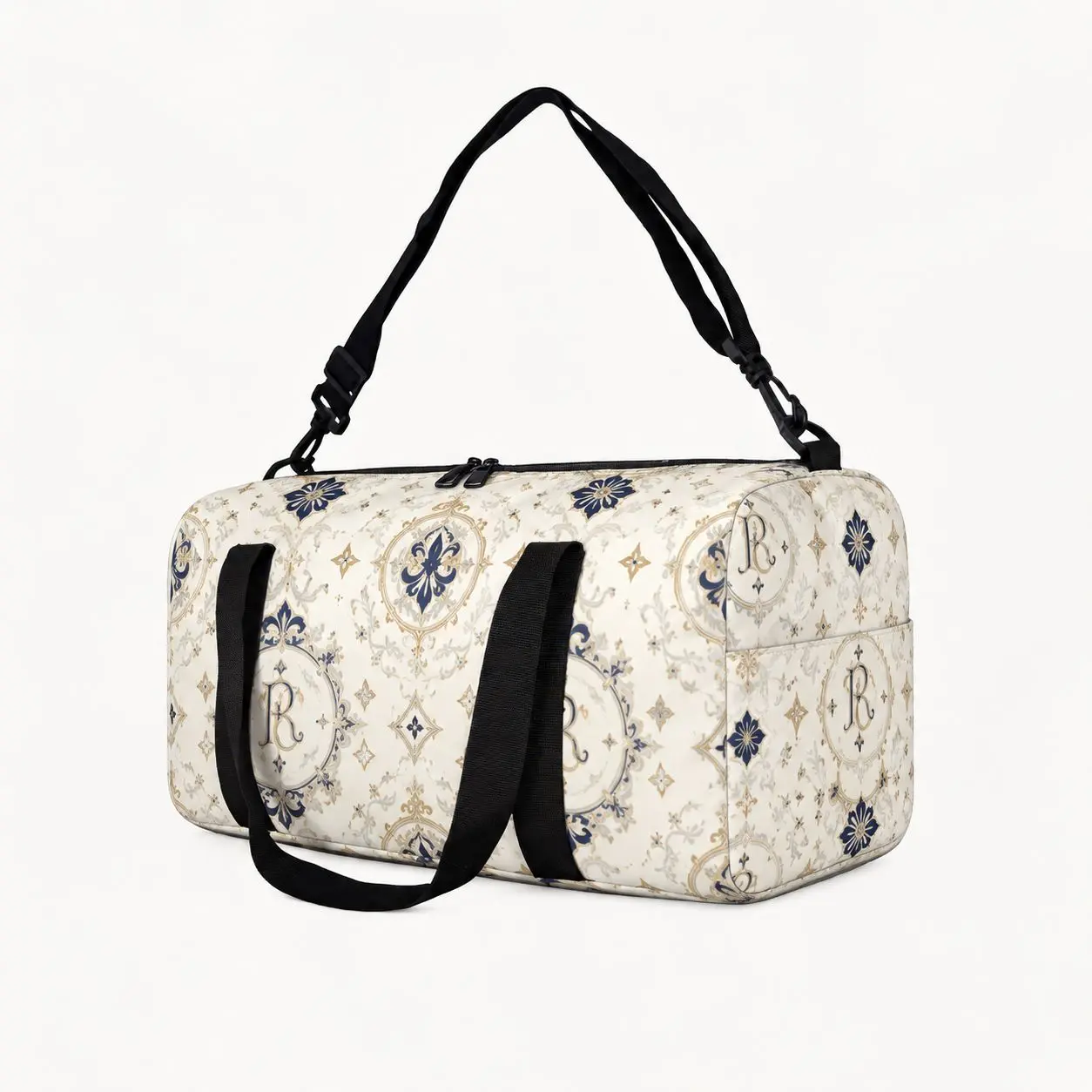 Blue Gold Ornamental Duffel Bag for Men Women, Polyester Fabric with Dual Handles, Adjustable Shoulder Strap, Top Zipper Closure, Rounded Body and Side Pocket, for Overnight Stays, Road Trips, Campus Use, City Commutes, Hotel Stays and Weekend Getaways