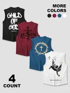 4 Pack Men's Christian Bible Verse Back Print Sleeveless Tank Top Bundle Child Of God Jesus Cross Crown Of Thorns Fallen Angel Graphic Wide Shoulder Workout Muscle Tee Multipack