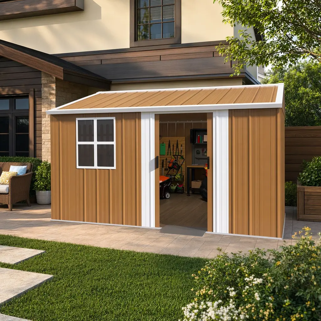 ARCH 12x10 FT Heavy-Duty Steel Combo Item Storage Shed (117.32w x141.73d x76.37h in, 243.17lb) - Lockable Sliding Door, Windows, Ventilation, Weatherproof Outdoor Garden Unit for Backyard Tool Organization, Brown American Traditional Iron (No Floor)