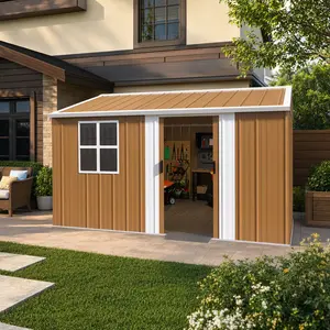 ARCH 12x10 FT Heavy-Duty Steel Combo Item Storage Shed (117.32w x141.73d x76.37h in, 243.17lb) - Lockable Sliding Door, Windows, Ventilation, Weatherproof Outdoor Garden Unit for Backyard Tool Organization, Brown American Traditional Iron (No Floor)